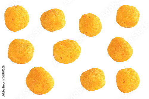 snack ball with cheese flavor isolated on white background. ring shaped snack with cheese flavor. png file, transparent background