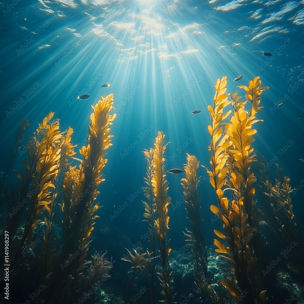Naklejka premium Sunlight Filtering Through Clear Ocean Water Illuminating Vibrant Kelp Forest with Small Fish Swimming Amongst the Swaying Underwater Vegetation