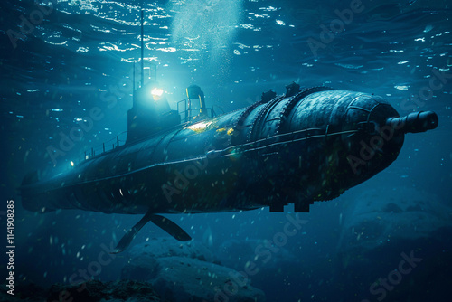 Beautiful large bathyscaphe floating in middle of ocean during exploration photo