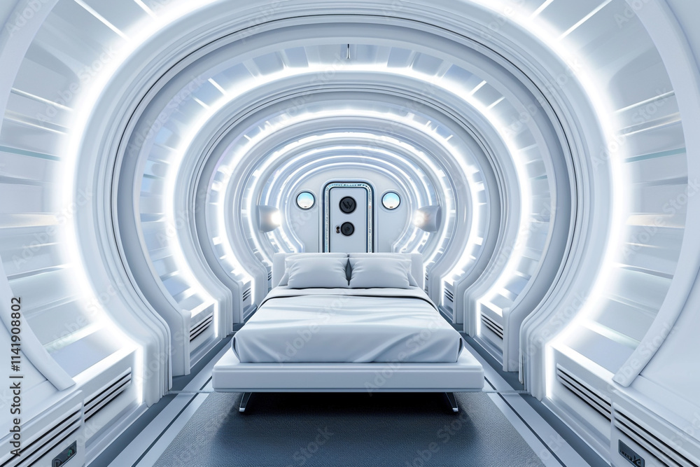 Fototapeta premium Modern Space Capsule Bedroom with Private Pods in Clean White Design