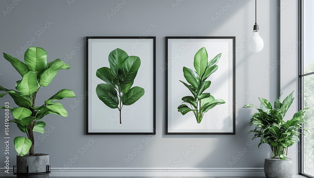 Fototapeta premium Two framed botanical prints adorn a minimalist grey wall, flanked by potted plants.
