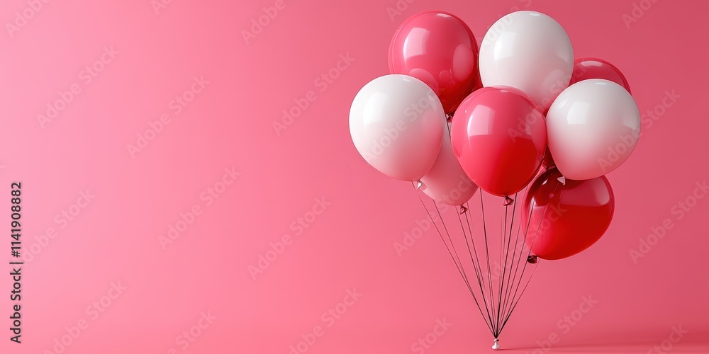 Realistic 3D Rendering of Vibrant Pink, Red, and White Balloons on a Soft Pink Background for Party Decorations and Celebrations Realistic 3D Rendering of Vibrant Pink, Red, and White Balloons on a Soft Pink Background for Party Decorations and Celebrations