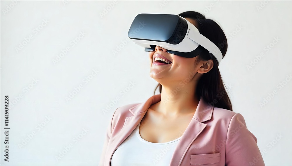 Woman joyfully wearing a VR headset exploring the depths of virtual reality isolated on a white background Woman joyfully wearing a VR headset exploring the depths of virtual reality isolated on a white background