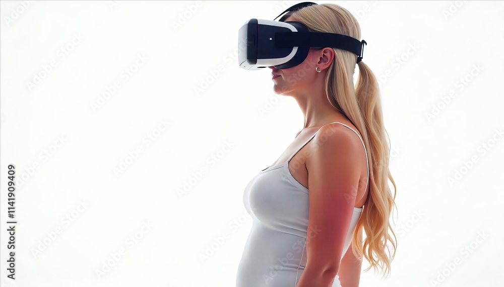 Young woman gaming style wearing VR headset exploring virtual reality isolated on white background Young woman gaming style wearing VR headset exploring virtual reality isolated on white background