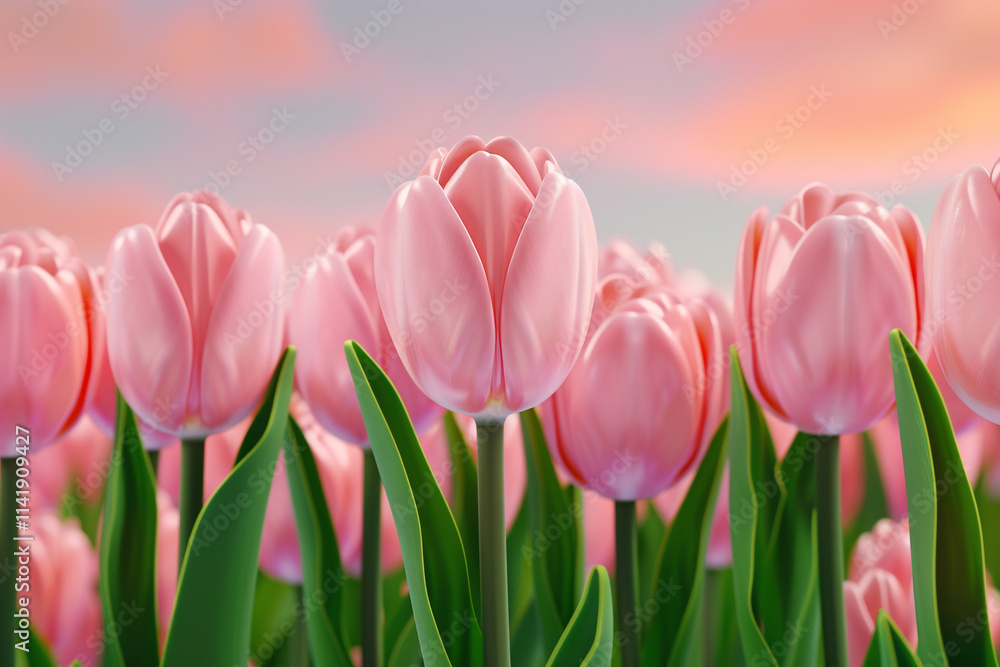 Fototapeta premium Beautiful Tulips Blooming in a Garden at Sunset
