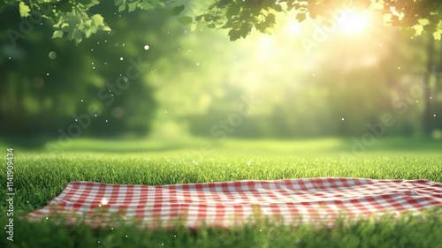 Romantic picnic scene with red and white checkered blanket in a sunlit park nature photography vibrant atmosphere