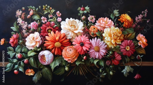 Vibrant Summer Floral Bouquet Painted on Dark Background