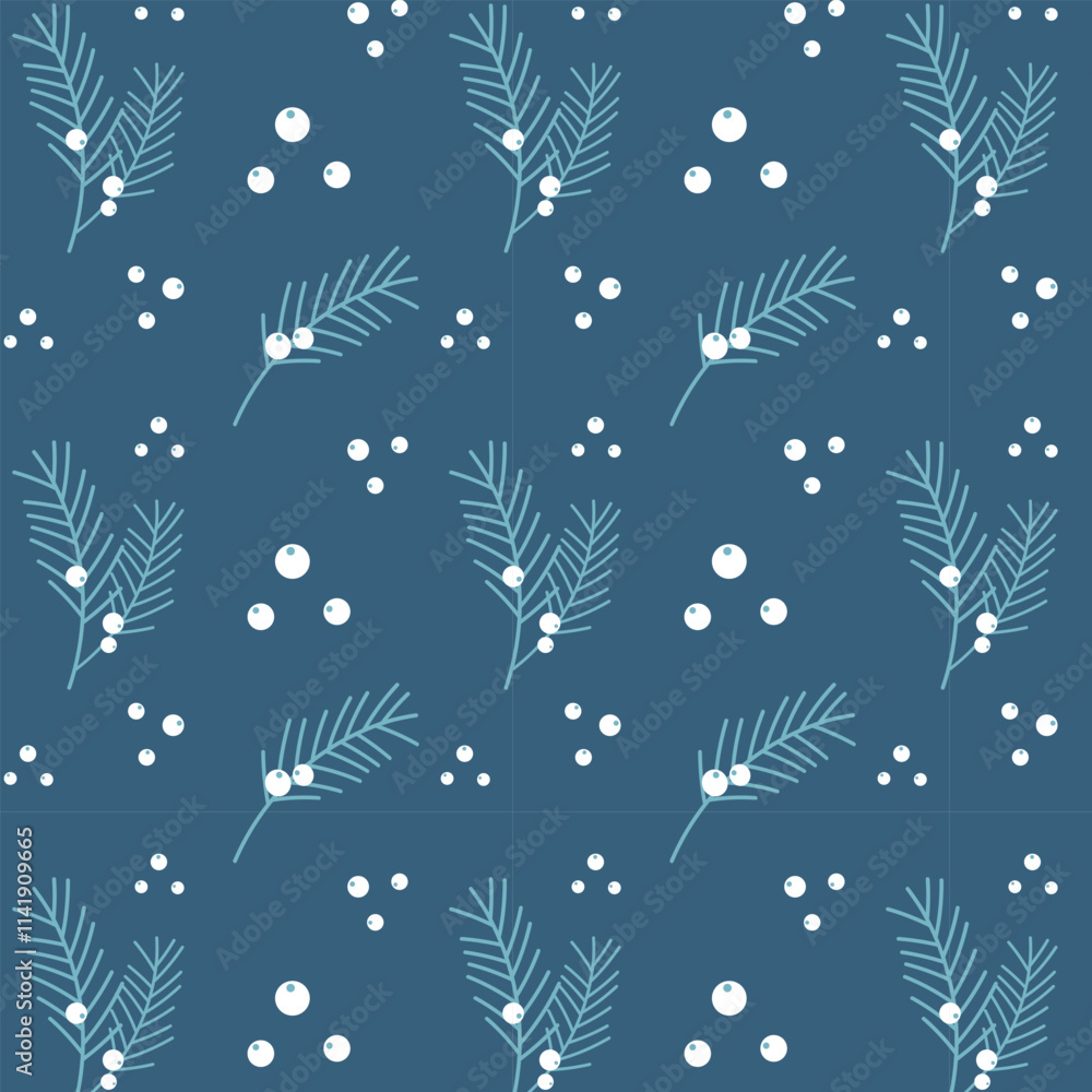 Blue pattern with pine spruce branches and white berries, winter background, night snowy sky. Vector illustration Blue pattern with pine spruce branches and white berries, winter background, night snowy sky. Vector illustration
