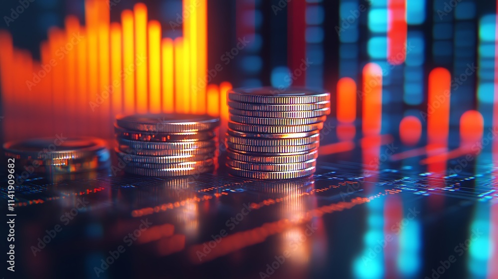 Coin stacks with an upward graph chart represent company expansion and marketing investment success Coin stacks with an upward graph chart represent company expansion and marketing investment success