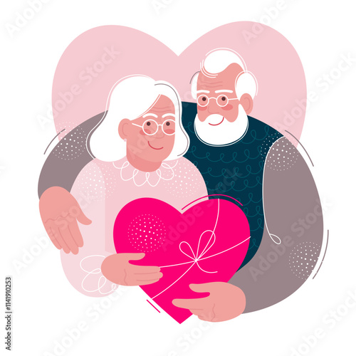 an elderly happy couple with a heart symbol of love. the concept of happy longevity, marital fidelity, Valentine's Day. flat drawing with textures. stock vector illustration. EPS 10.