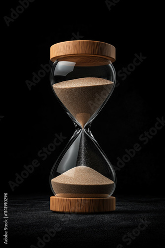 Hourglass with sand flowing down, with a wooden base and top, on black background. The concept of time passing away, no people, a studio shot.