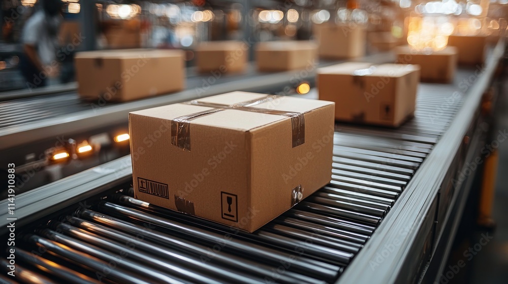 Cardboard boxes moving on a conveyor belt in a warehouse Cardboard boxes moving on a conveyor belt in a warehouse