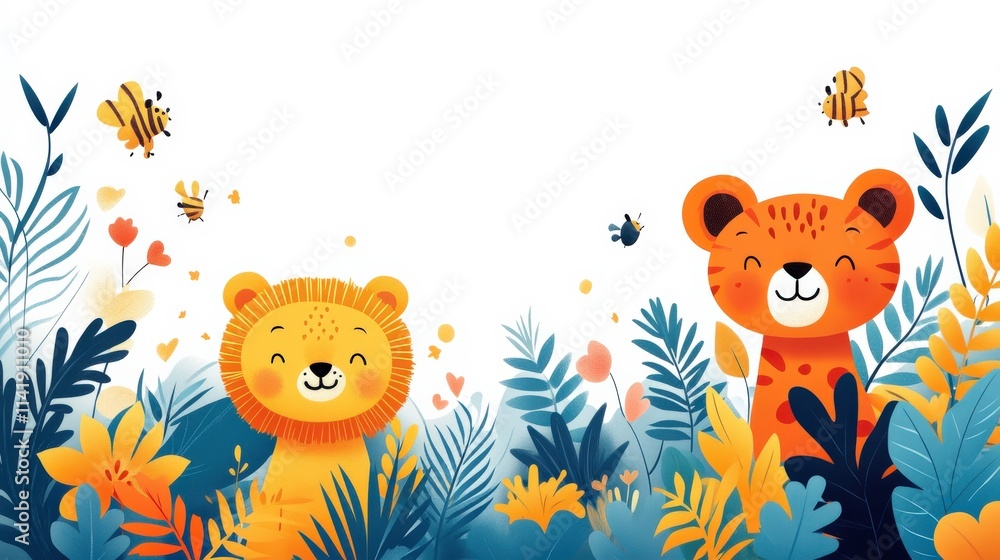 Cute Cartoon Animals in a Colorful Jungle Setting Surrounded by Happy Bees and Vibrant Flora, Perfect for Children's Illustrations and Nature Themes Cute Cartoon Animals in a Colorful Jungle Setting Surrounded by Happy Bees and Vibrant Flora, Perfect for Children's Illustrations and Nature Themes