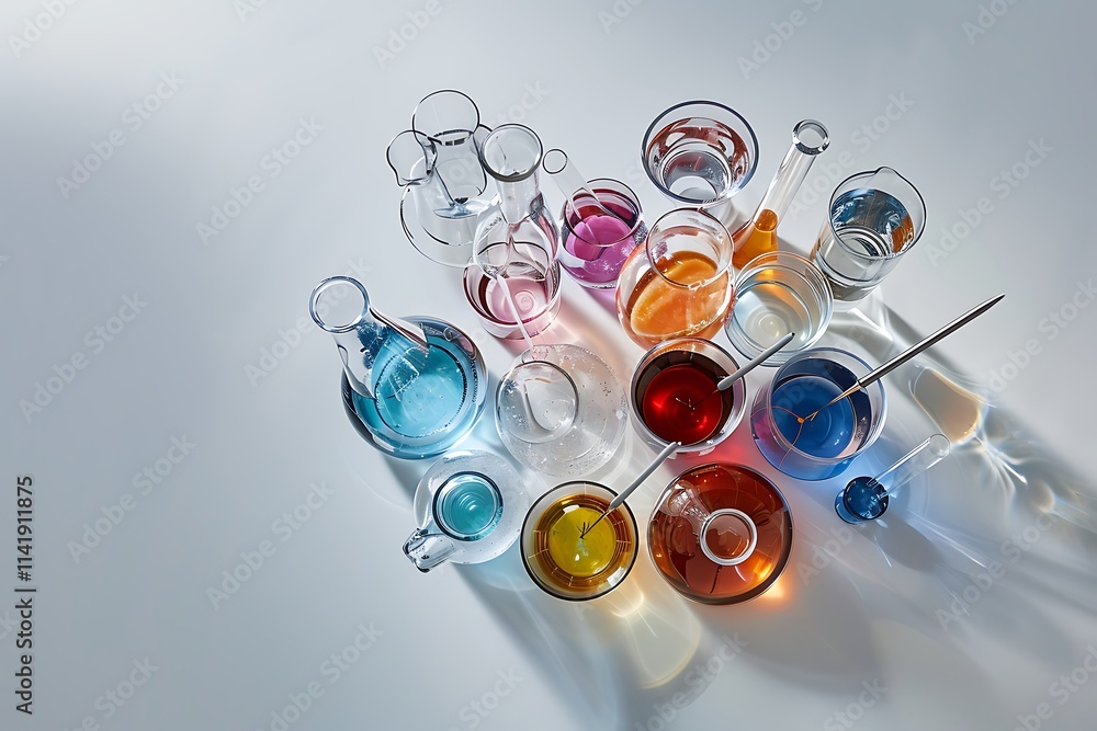 Fototapeta premium Laboratory glassware with colorful liquid on abstract watercolor background.