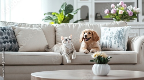 Dog and cat sitting comfortably on sofa in stylish living room