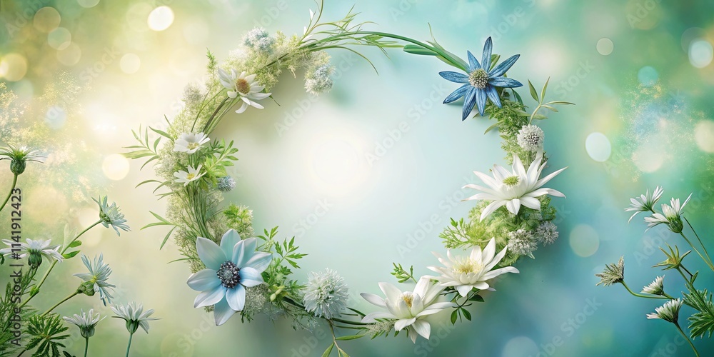 Obraz premium Serene Floral Wreath Delicate White and Blue Flowers Arranged in a Circular Frame on a Soft Green Background