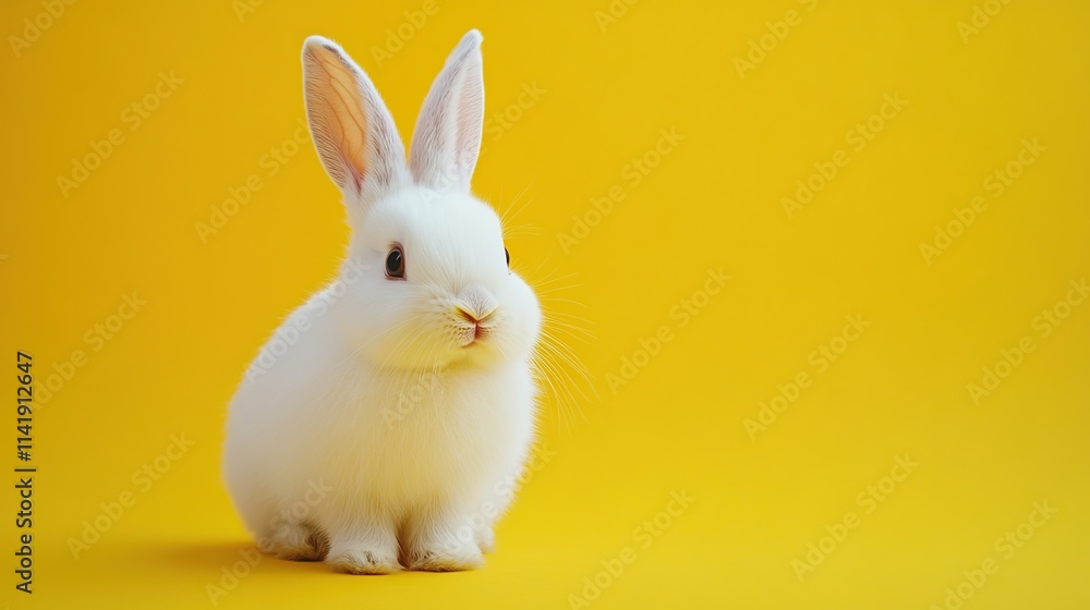 White fluffy rabbit isolated on bright yellow background White fluffy rabbit isolated on bright yellow background