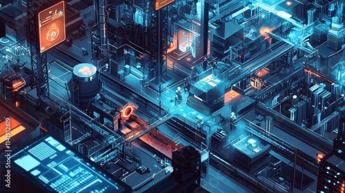 Futuristic Industrial Factory Floor Powered by Smart AI Technology with Advanced Automation Systems and Digital Interfaces