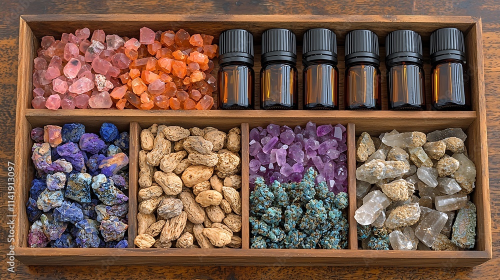 Wooden Box Filled With Crystals Essential Oils And Seeds Wooden Box Filled With Crystals Essential Oils And Seeds
