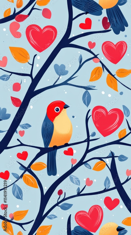 Fototapeta premium A vibrant design featuring birds perched on branches adorned with heart-shaped leaves and colorful accents.