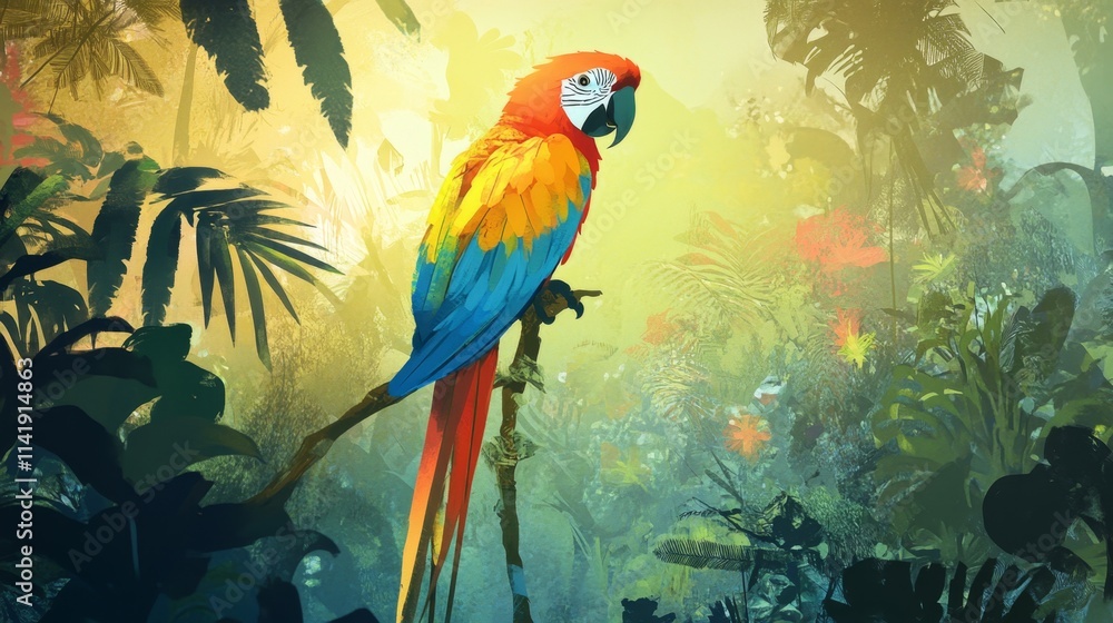 Vibrant Scarlet Macaw Perched in Lush Tropical Environment Vibrant Scarlet Macaw Perched in Lush Tropical Environment