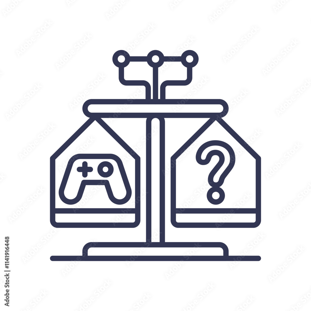 Scales with game controller and question mark symbolize balance and fairness in gaming. Scales with game controller and question mark symbolize balance and fairness in gaming.