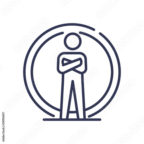 Line art of a person with crossed arms inside a circle, symbolizing defensiveness and being closed off.