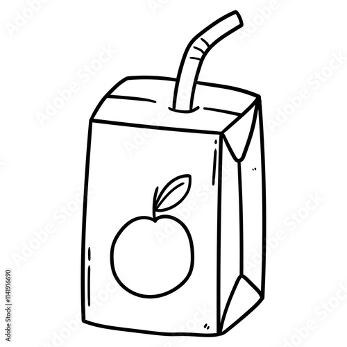 Hand drawn doodle apple juice carton box with straw on white background.