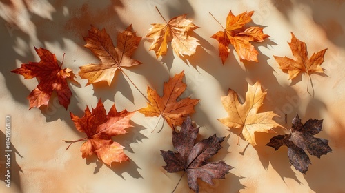 Autumn Maple Leaves Displayed On Beige Background