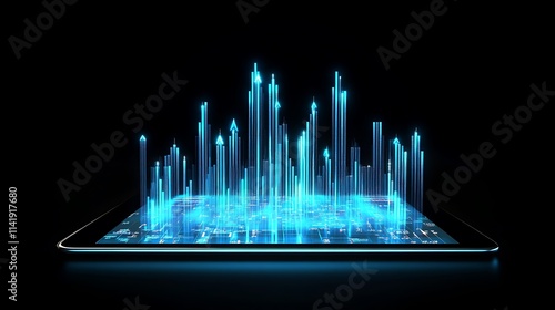 Stock market predictions with rising arrows and financial data on tablet 