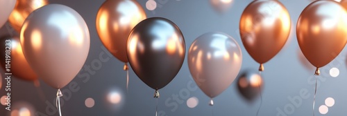 Fototapeta Realistic 3D Render of Floating Silver and Bronze Balloons with Soft Background and Glowing Bokeh Effect for Holiday Celebrations and Events