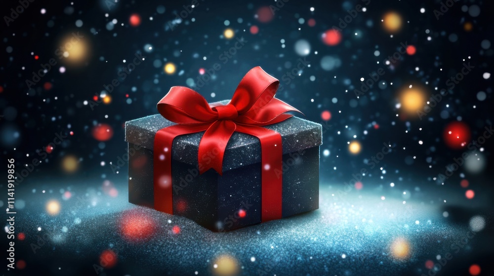 a gift box with a red ribbon on a snow covered surface a gift box with a red ribbon on a snow covered surface