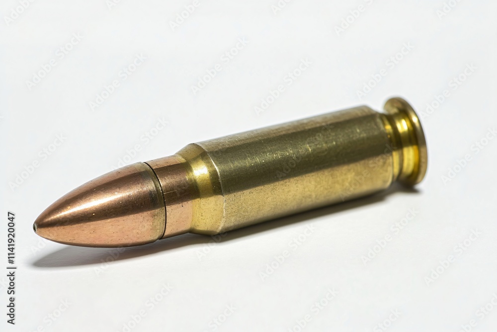 Close up of a single rifle bullet resting on a white background, emphasizing its metallic components and potential danger Close up of a single rifle bullet resting on a white background, emphasizing its metallic components and potential danger