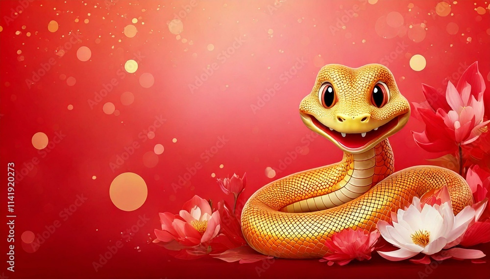 Fototapeta premium Cute cartoon snake with big eyes surrounded by lotus and bokeh effects.