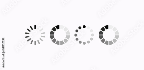 Four loading icons with unique designs, commonly used in digital interfaces to show ongoing processes or data loading. The icons include circles, segments, and dots.