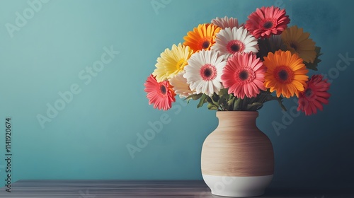 Wallpaper Mural Modern vase with colorful flowers and a wooden table lamp on an isolated background, ideal for minimalist styling Torontodigital.ca