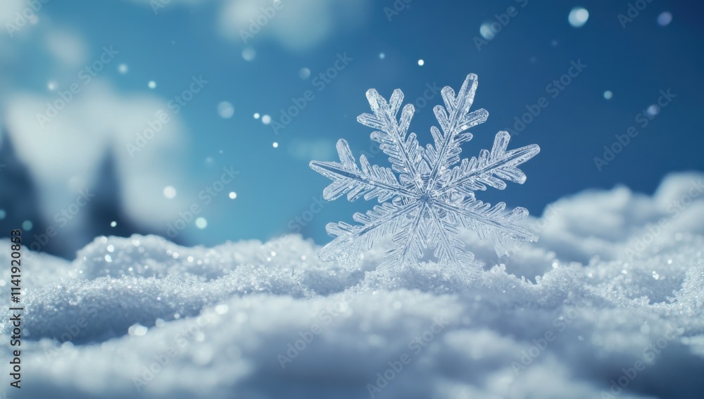 A snowflake on the surface of fresh white snow, with a blue background and blurred snowy landscapes in the distance. The snowflakes sparkle under sunlight, creating an atmosphere full of frosty beauty A snowflake on the surface of fresh white snow, with a blue background and blurred snowy landscapes in the distance. The snowflakes sparkle under sunlight, creating an atmosphere full of frosty beauty