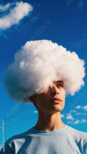 Young man with fluffy cloud-like hair against vivid blue sky, evokes creativity and imagination, ideal for conceptual themes.