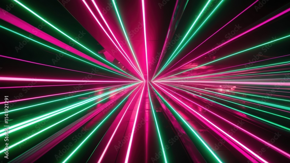 Abstract laser light display with vibrant pink and green beams converging towards a central point, creating a dynamic and immersive atmosphere. Abstract laser light display with vibrant pink and green beams converging towards a central point, creating a dynamic and immersive atmosphere.