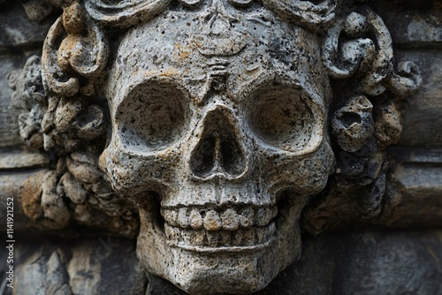 Close up of an intricately carved stone skull adorned with floral ornaments, showcasing the detailed craftsmanship and weathered texture photo