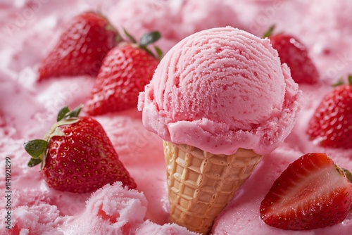 Strawberry ice cream melting in a waffle cone surrounded by fresh strawberries creates a refreshing summer treat