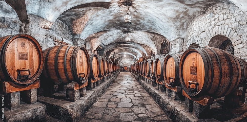 Rustic wine cellar interior with wooden barrels lined along stone walls ...