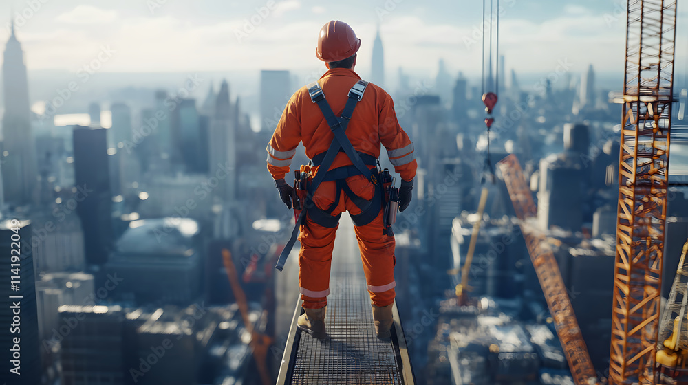 A construction worker steadies himself atop a steel beam, gazing over the bustling city skyline, embodying courage and determination in his craft. A construction worker steadies himself atop a steel beam, gazing over the bustling city skyline, embodying courage and determination in his craft.