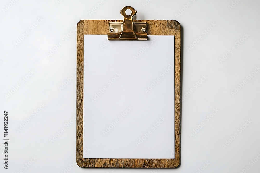 Wooden clipboard with blank paper on white surface Wooden clipboard with blank paper on white surface