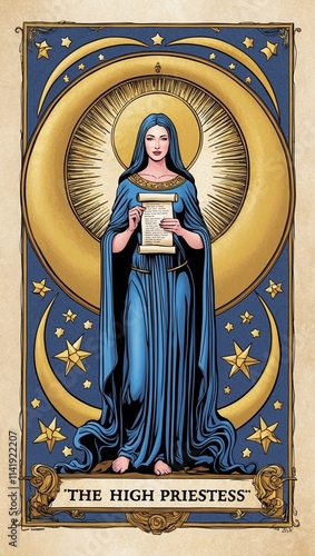 A mystical High Priestess in a blue robe holds a scroll, surrounded by golden celestial elements such as stars and a crescent moon