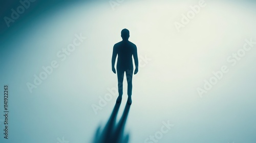 Silhouette of a Person Standing Alone in a Minimalist Environment with Soft Light Casting Shadows in a Concept of Isolation and Reflection photo