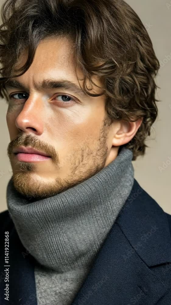 Man with curly hair and sweater collar poses against a neutral background in a stylish photoshoot setting Man with curly hair and sweater collar poses against a neutral background in a stylish photoshoot setting