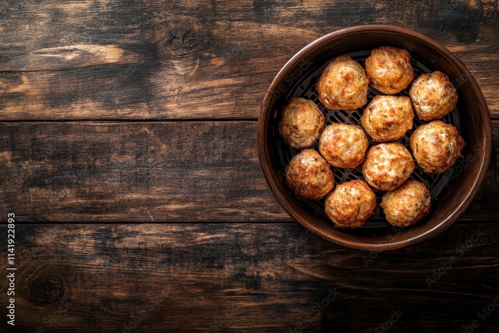 Freshly Baked Golden Brown Pastry Bites Arranged Neatly in a Round Wooden Bowl on Rustic Background Creating a Warm and Inviting Culinary Scene Freshly Baked Golden Brown Pastry Bites Arranged Neatly in a Round Wooden Bowl on Rustic Background Creating a Warm and Inviting Culinary Scene