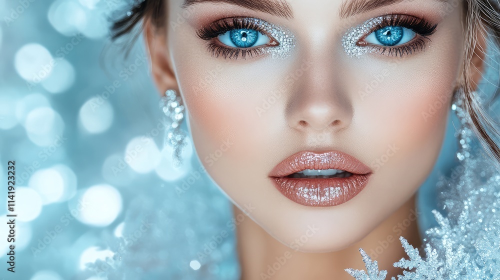 Beautiful Woman with Frozen Lips and Makeup, Blue Snowflakes, Diamond Beautiful Woman with Frozen Lips and Makeup, Blue Snowflakes, Diamond