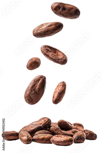 Cocoa beans are falling on a pile on a white background. Isolated